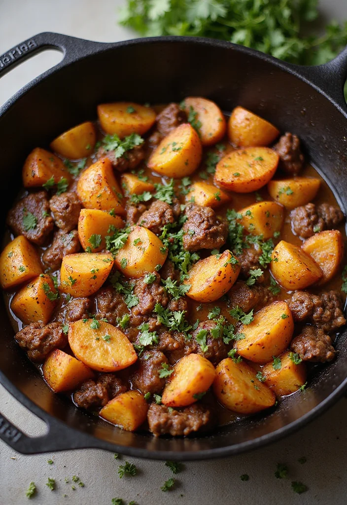 17 Ground Beef Gravy Mashed Potato Dinners That Even Picky Eaters Love - 8. Spicy Beef and Potato Skillet