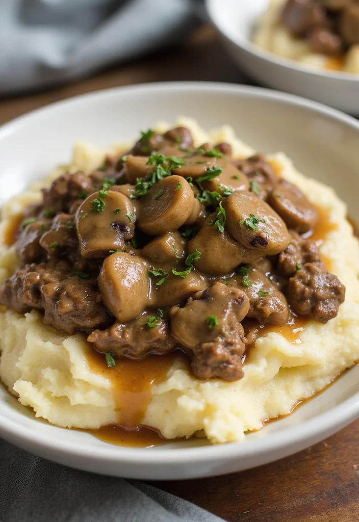 17 Ground Beef Gravy Mashed Potato Dinners That Even Picky Eaters Love - 9. Ground Beef and Mushroom Stroganoff